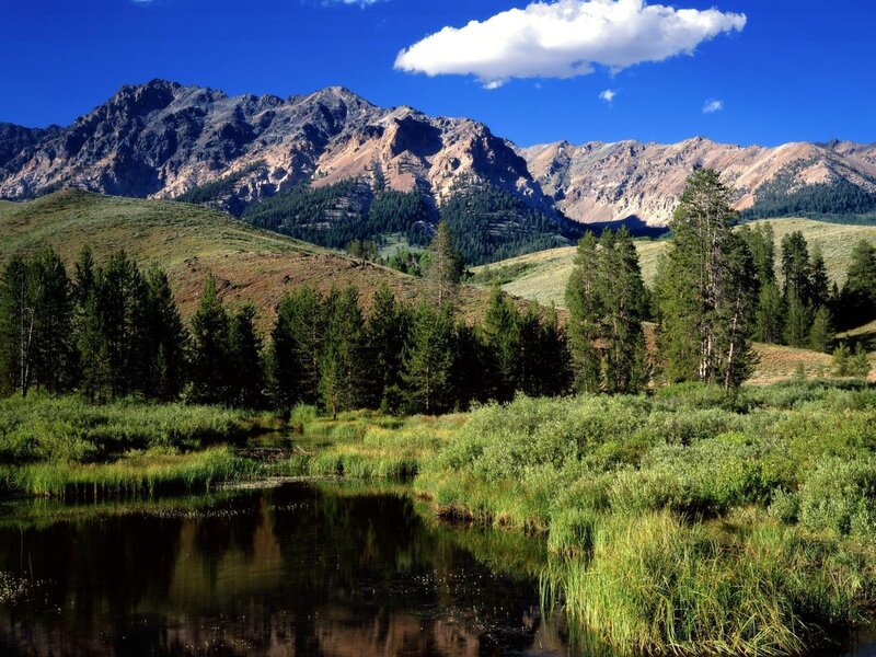 Mountain Lake Landscape — Blue, Serene, Afternoon, Photograph, Mountains, Trees, Clouds, River