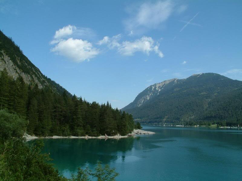 Mountain Lake Landscape — Blue, Serene, Afternoon, Photograph, Mountains, Trees, Clouds