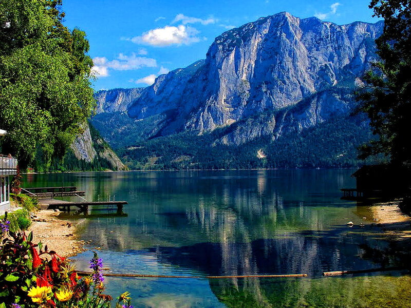Mountain Lake Landscape — Blue, Serene, Afternoon, Photograph, Mountains, Trees, Dock