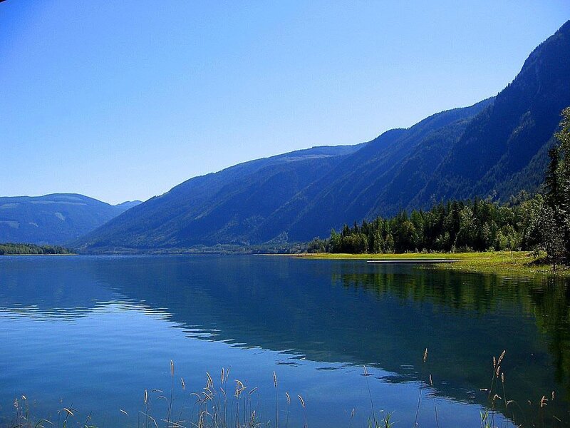 Mountain Lake Landscape — Blue, Serene, Afternoon, Photograph, Mountains, Trees, Grass