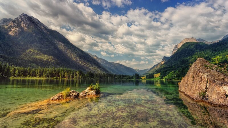 Mountain Lake Landscape — Blue, Serene, Afternoon, Photograph, Mountains, Trees, Rocks, Clouds