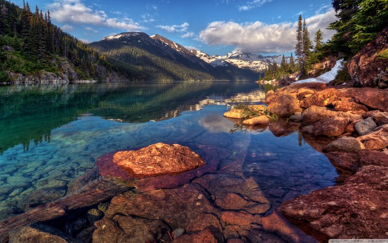 Mountain Lake Landscape — Blue, Serene, Afternoon, Photograph, Mountains, Trees, Rocks, Snow