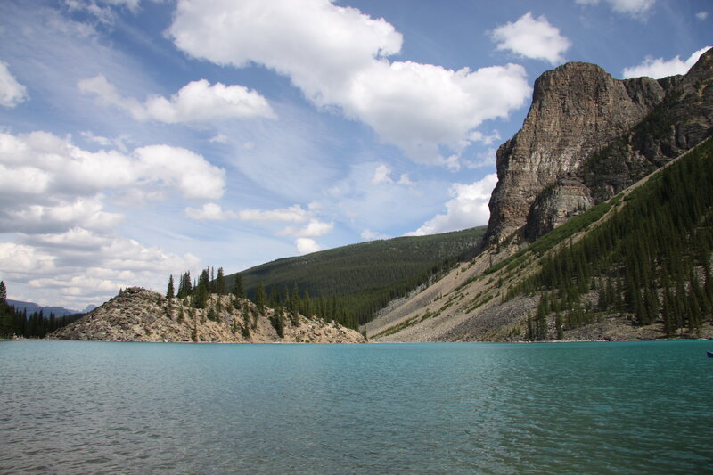 Mountain Lake Landscape — Blue, Serene, Afternoon, Photograph, Mountains, Trees, Sky, Clouds