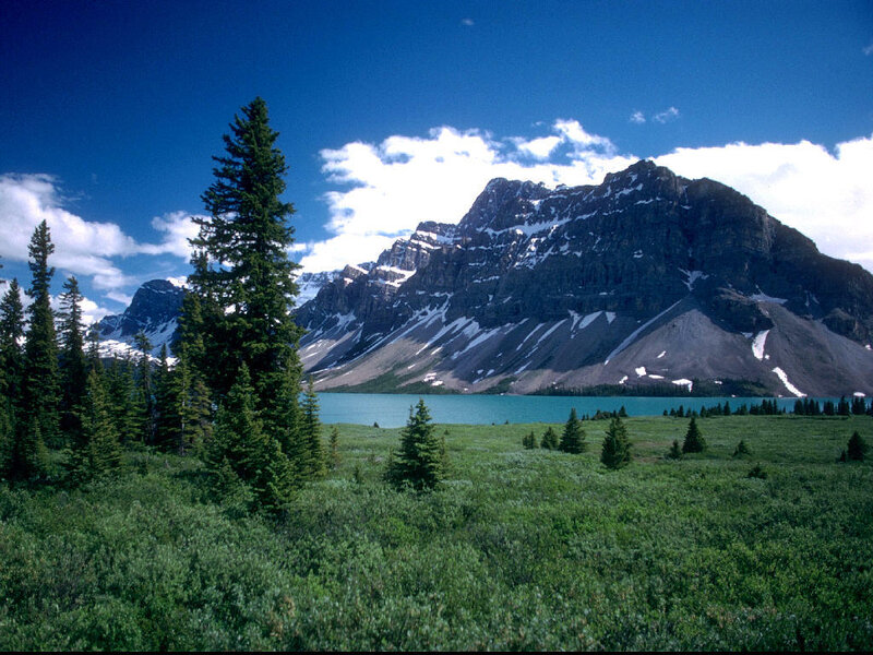 Mountain Lake Landscape — Blue, Serene, Afternoon, Photograph, Mountains, Trees, Sky