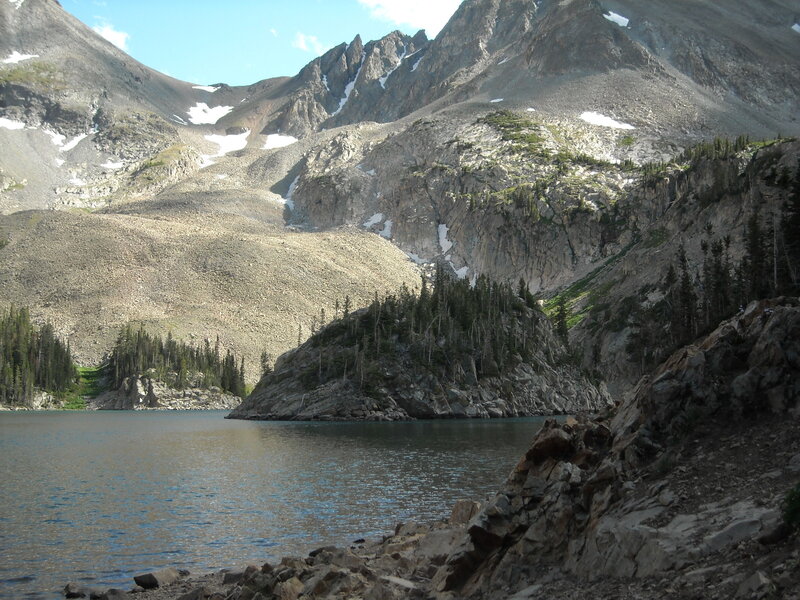 Mountain Lake Landscape — Blue, Serene, Afternoon, Photograph, Mountains, Trees, Snow, Green, Gray