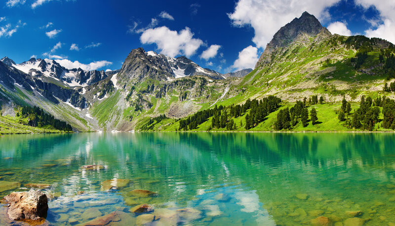 Mountain Lake Landscape — Blue, Serene, Afternoon, Photograph, Mountains, Trees