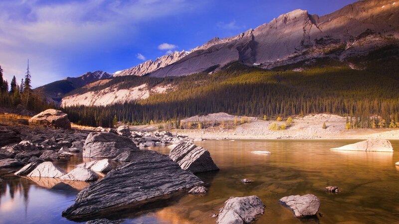 Mountain Lake Landscape — Blue, Serene, Afternoon, Photograph, Rocks, Trees