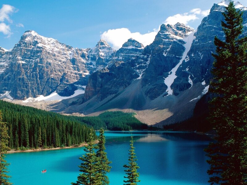 Mountain Lake Landscape — Blue, Serene, Afternoon, Photograph, Snow-capped Mountains, Evergreen Trees, Canoe