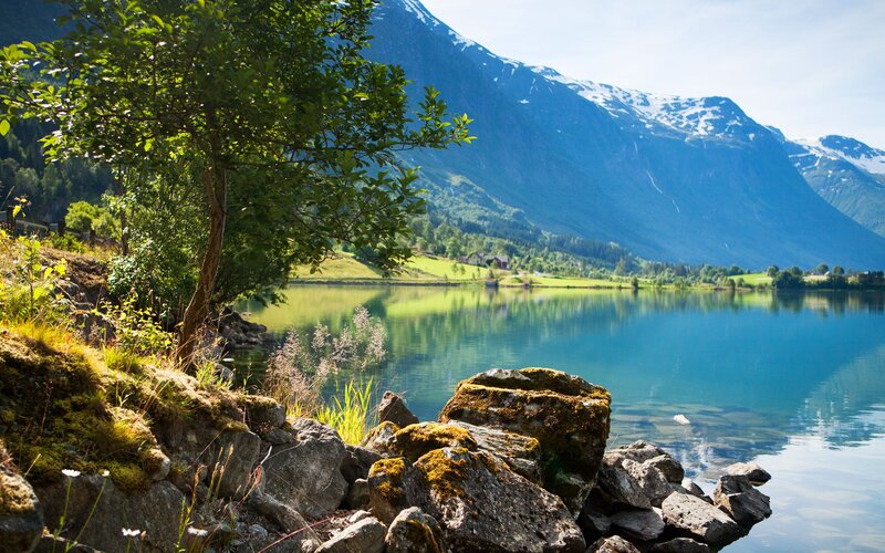 Mountain Lake Landscape — Blue, Serene, Afternoon, Photograph, Tree, Rocks