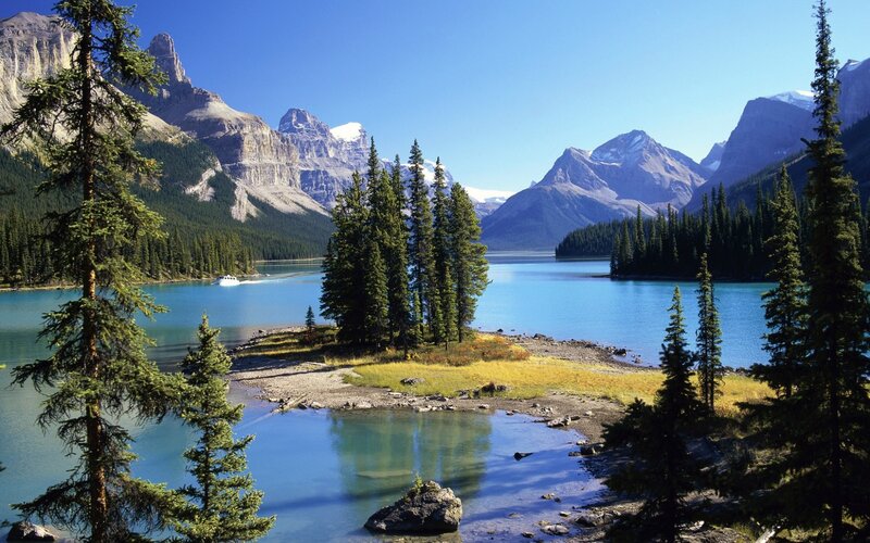 Mountain Lake Landscape — Blue, Serene, Afternoon, Photograph, Trees, Boat