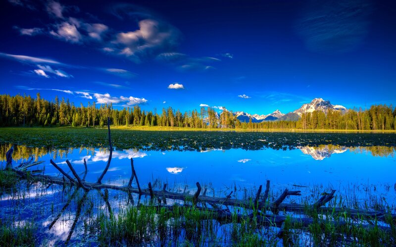 Mountain Lake Landscape — Blue, Serene, Afternoon, Photograph, Trees, Clouds, Mountains