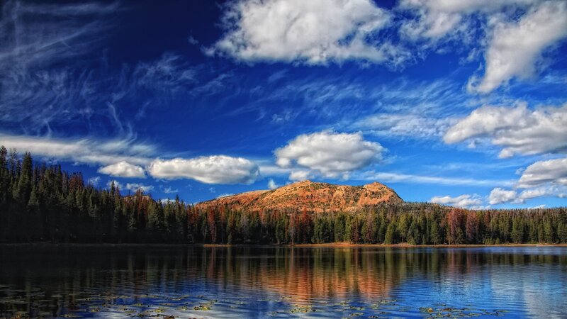Mountain Lake Landscape — Blue, Serene, Afternoon, Photograph, Trees, Clouds, Reflection