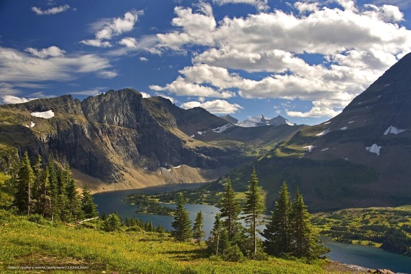 Mountain Lake Landscape — Blue, Serene, Afternoon, Photograph, Trees, Clouds, Snow