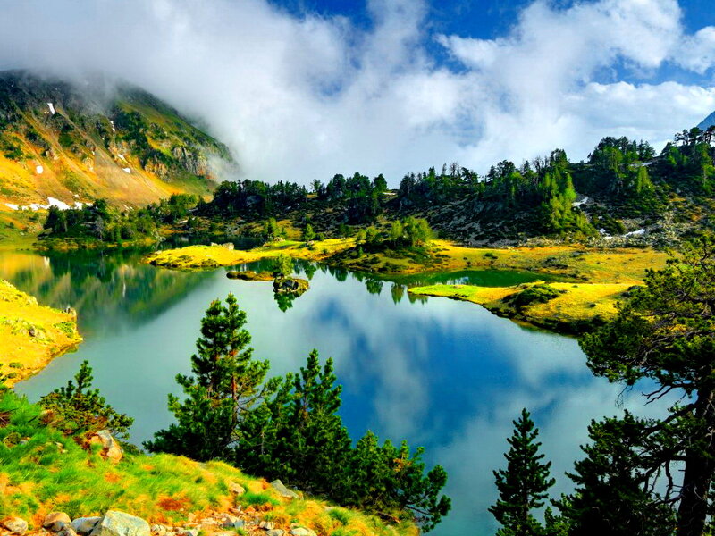 Mountain Lake Landscape — Blue, Serene, Afternoon, Photograph, Trees, Mountains, Clouds, Grass