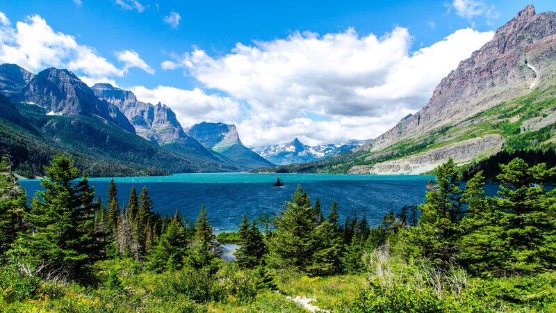Mountain Lake Landscape — Blue, Serene, Afternoon, Photograph, Trees, Mountains, Clouds