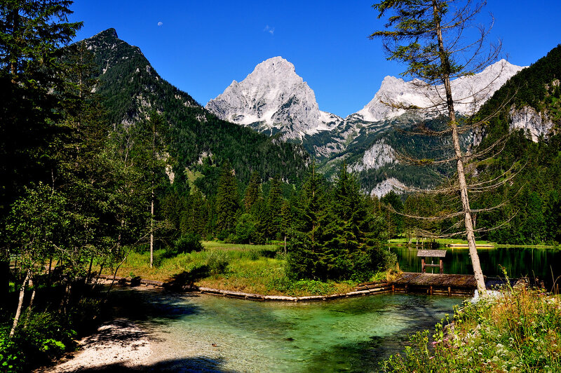 Mountain Lake Landscape — Blue, Serene, Afternoon, Photograph, Trees, Mountains, Dock