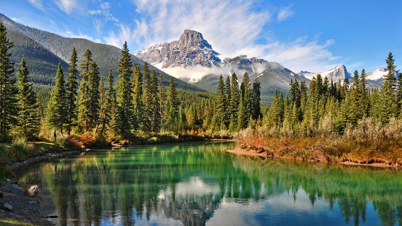 Mountain Lake Landscape — Blue, Serene, Afternoon, Photograph, Trees, Mountains, River, Clouds