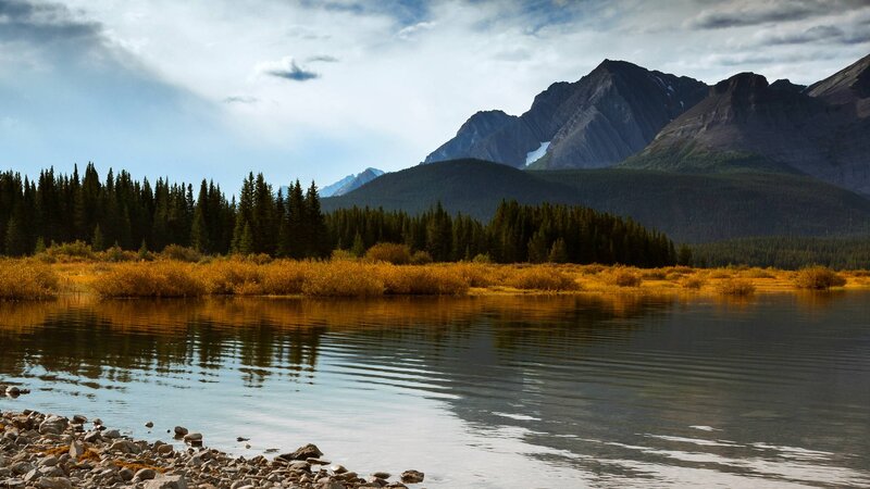 Mountain Lake Landscape — Blue, Serene, Afternoon, Photograph, Trees, Mountains, River