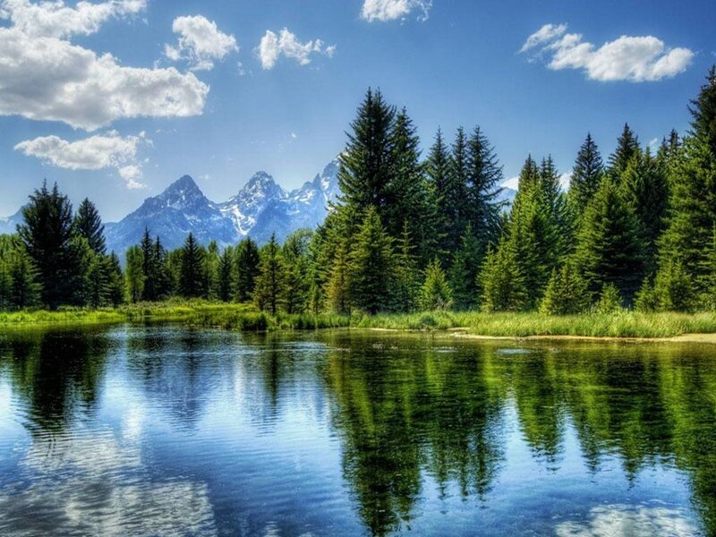 Mountain Lake Landscape — Blue, Serene, Afternoon, Photograph, Trees, Mountains, Sky