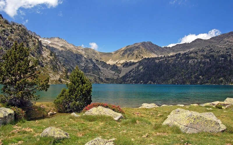 Mountain Lake Landscape — Blue, Serene, Afternoon, Photograph, Trees, Rocks, Mountains, Green, Brown