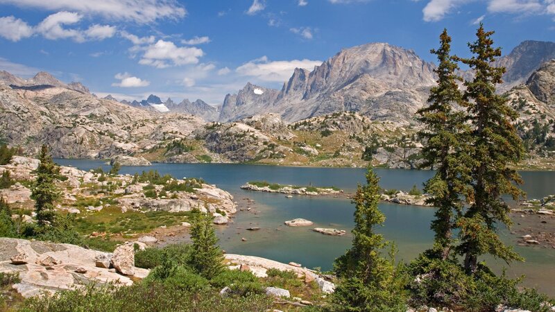 Mountain Lake Landscape — Blue, Serene, Afternoon, Photograph, Trees, Rocks, Mountains, Green, Gray