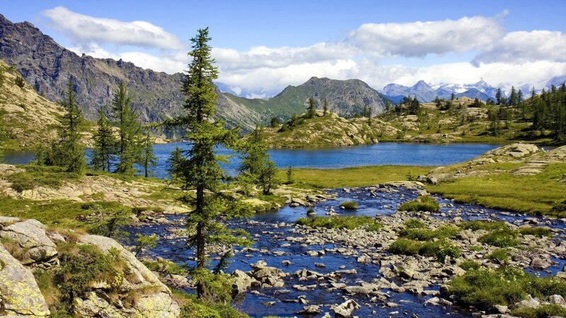 Mountain Lake Landscape — Blue, Serene, Afternoon, Photograph, Trees, Rocks, River, Mountains
