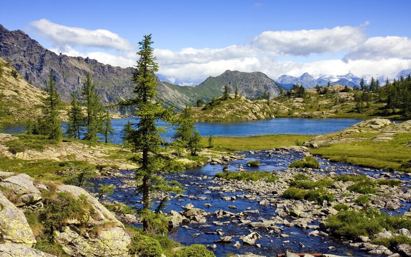 Mountain Lake Landscape — Blue, Serene, Afternoon, Photograph, Trees, Rocks, River