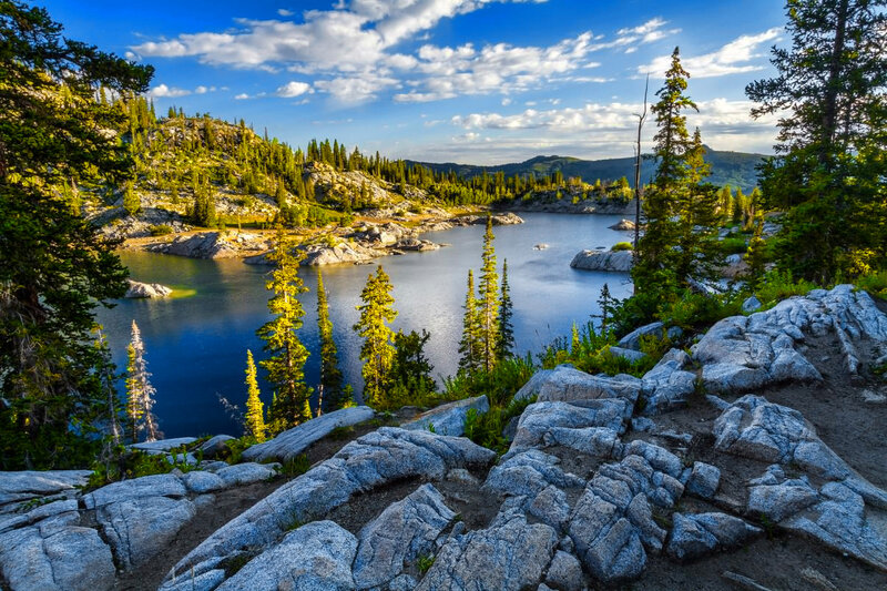 Mountain Lake Landscape — Blue, Serene, Afternoon, Photograph, Trees, Rocks, Sky