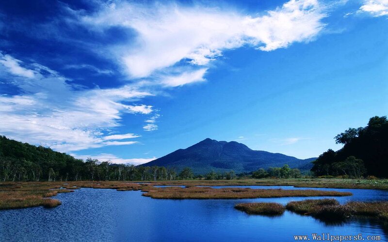 Mountain Lake Landscape — Blue, Serene, Afternoon, Photograph, Trees, Sky, Marsh