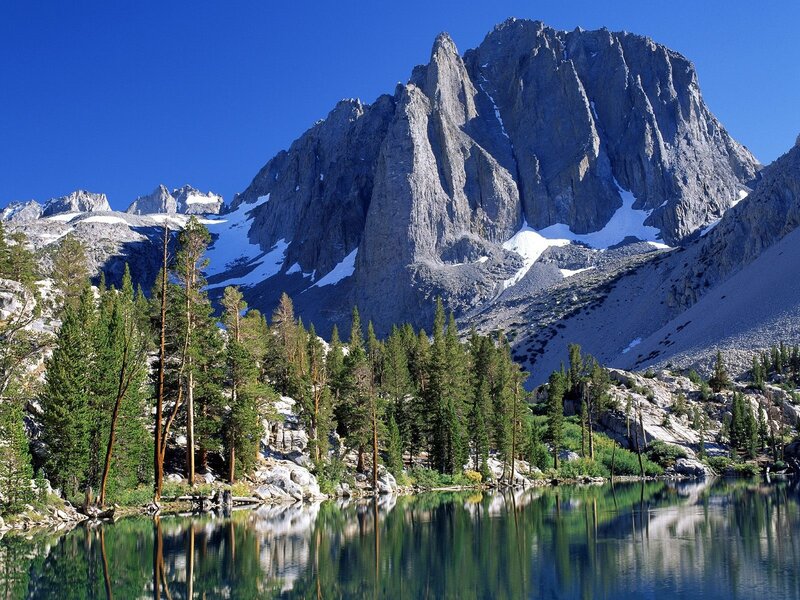 Mountain Lake Landscape — Blue, Serene, Afternoon, Photograph, Trees, Snow, Rock