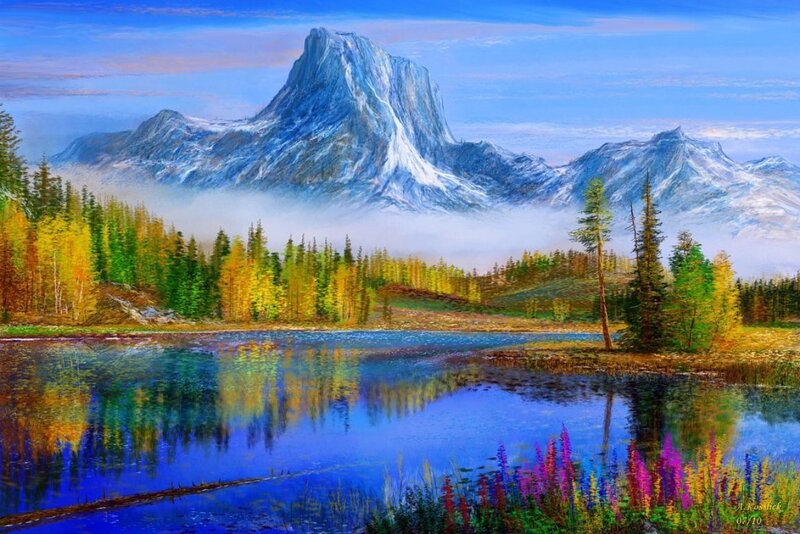 Mountain Lake Landscape — Blue, Serene, Autumn, Painting, Forest