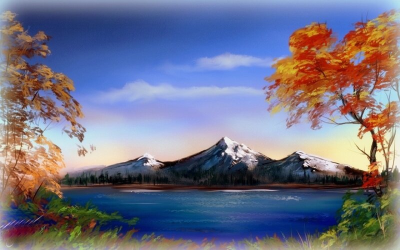 Mountain Lake Landscape — Blue, Serene, Autumn, Painting, Trees