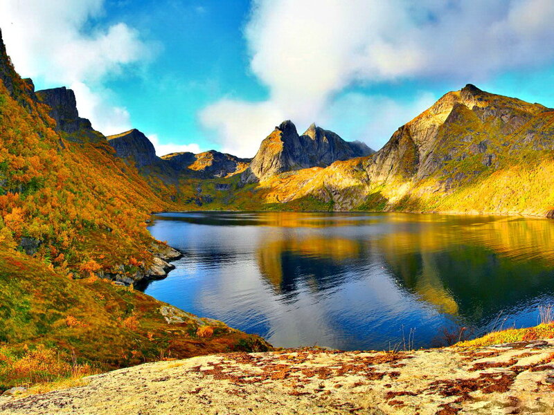 Mountain Lake Landscape — Blue, Serene, Autumn, Photograph, Mountains, Autumn Foliage