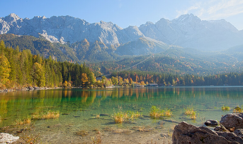 Mountain Lake Landscape — Blue, Serene, Autumn, Photograph, Mountains, Forest