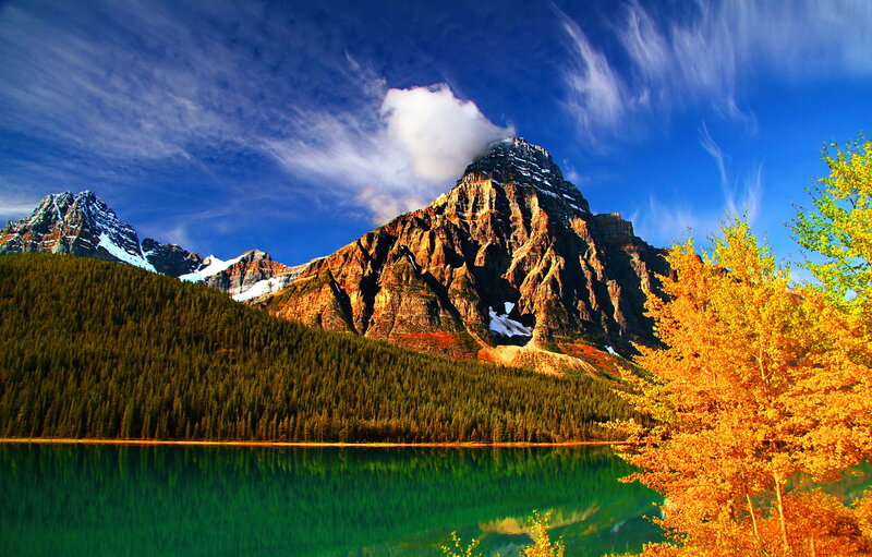 Mountain Lake Landscape — Blue, Serene, Autumn, Photograph, Mountains, Forest, Trees