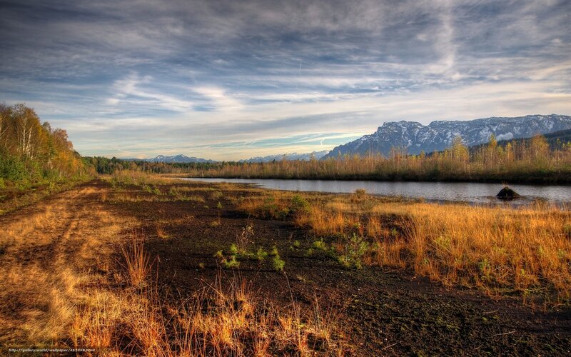 Mountain Lake Landscape — Blue, Serene, Autumn, Photograph, Mountains, River, Trees
