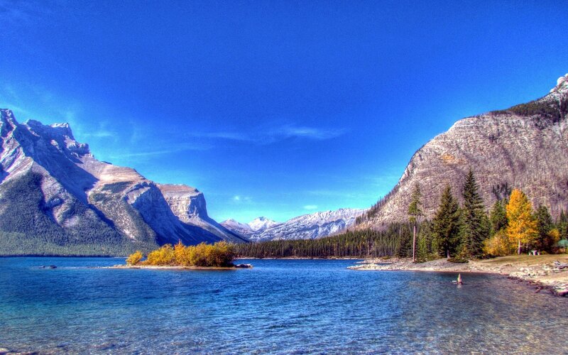 Mountain Lake Landscape — Blue, Serene, Autumn, Photograph, Mountains, Trees, Island, Green, Yellow