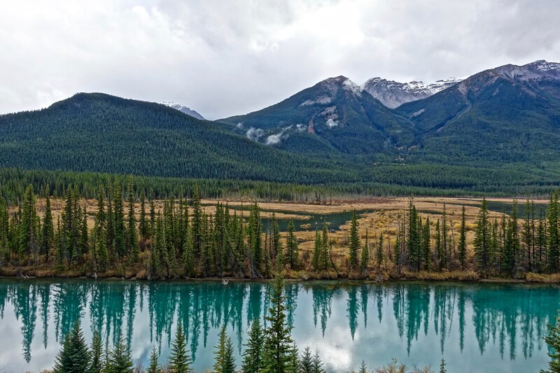 Mountain Lake Landscape — Blue, Serene, Autumn, Photograph, Mountains, Trees, River