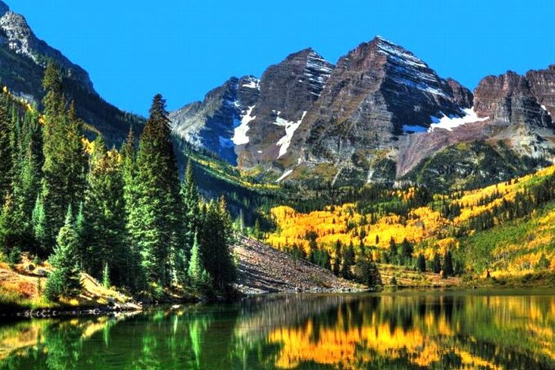 Mountain Lake Landscape — Blue, Serene, Autumn, Photograph, Mountains, Trees