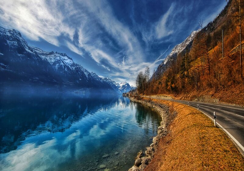 Mountain Lake Landscape — Blue, Serene, Autumn, Photograph, Road
