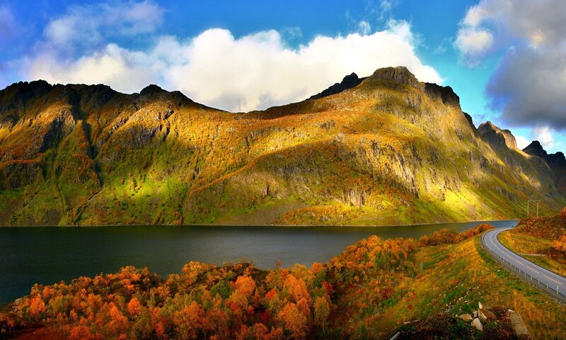Mountain Lake Landscape — Blue, Serene, Autumn, Photograph, Road, Trees