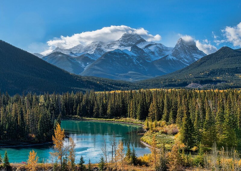 Mountain Lake Landscape — Blue, Serene, Autumn, Photograph, Snow-capped Mountains, Forest