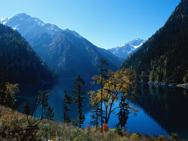 Mountain Lake Landscape — Blue, Serene, Autumn, Photograph, Snow-capped Mountains, Forest, Trees