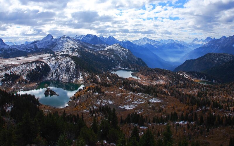 Mountain Lake Landscape — Blue, Serene, Autumn, Photograph, Snow-capped Mountains, Forests
