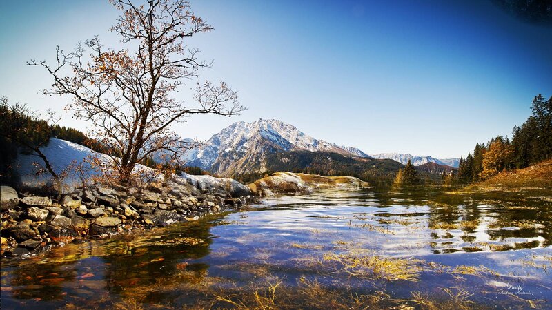 Mountain Lake Landscape — Blue, Serene, Autumn, Photograph, Tree, Snow