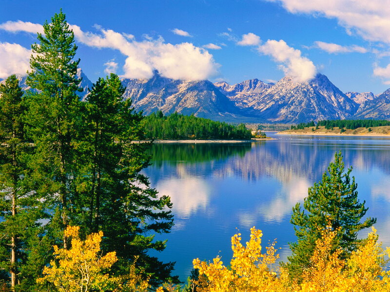Mountain Lake Landscape — Blue, Serene, Autumn, Photograph, Trees, Mountains, Clouds