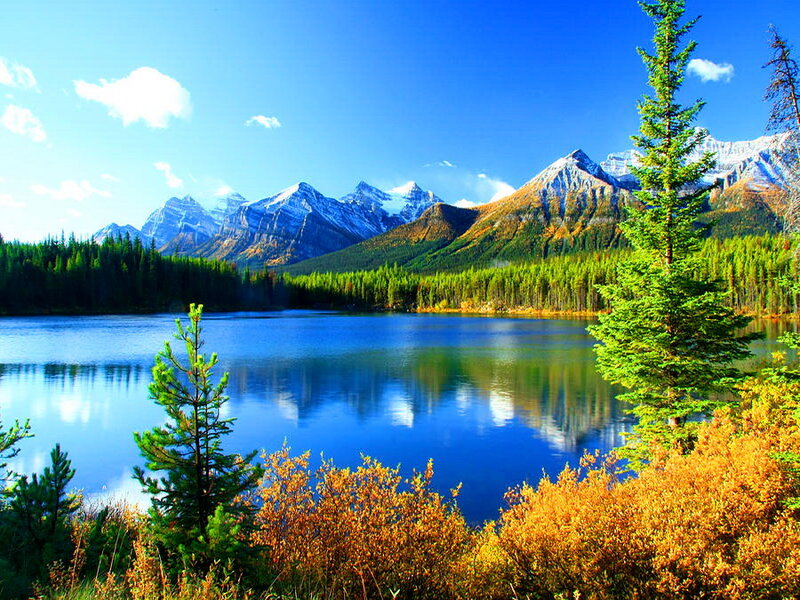 Mountain Lake Landscape — Blue, Serene, Autumn, Photograph, Trees, Mountains, Forest