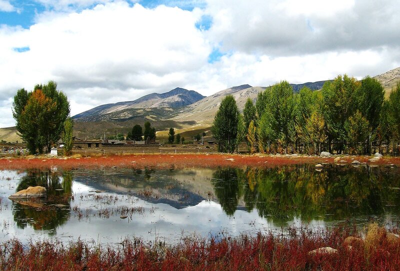 Mountain Lake Landscape — Blue, Serene, Autumn, Photograph, Trees, Mountains, Reflection