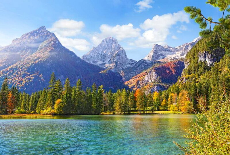 Mountain Lake Landscape — Blue, Serene, Autumn, Photograph, Trees, Mountains, Sky