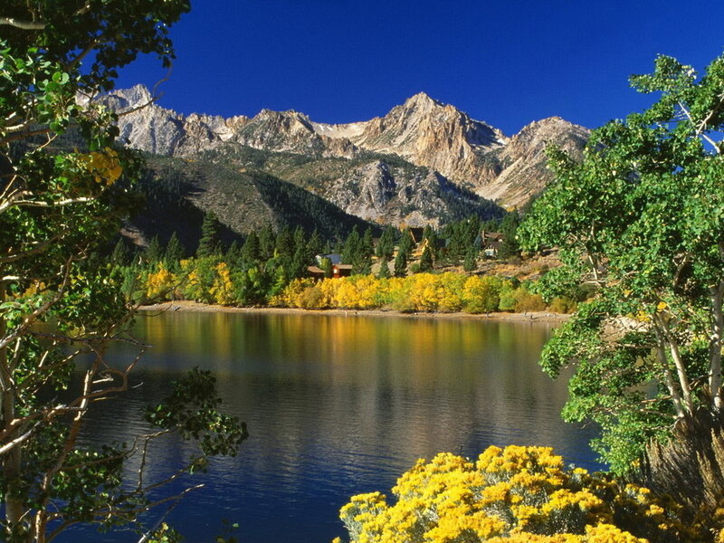 Mountain Lake Landscape — Blue, Serene, Autumn, Photograph, Trees, Mountains